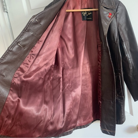 Vintage Chocolate Brown Leather Jacket with Red Rose - Picture 11 of 16